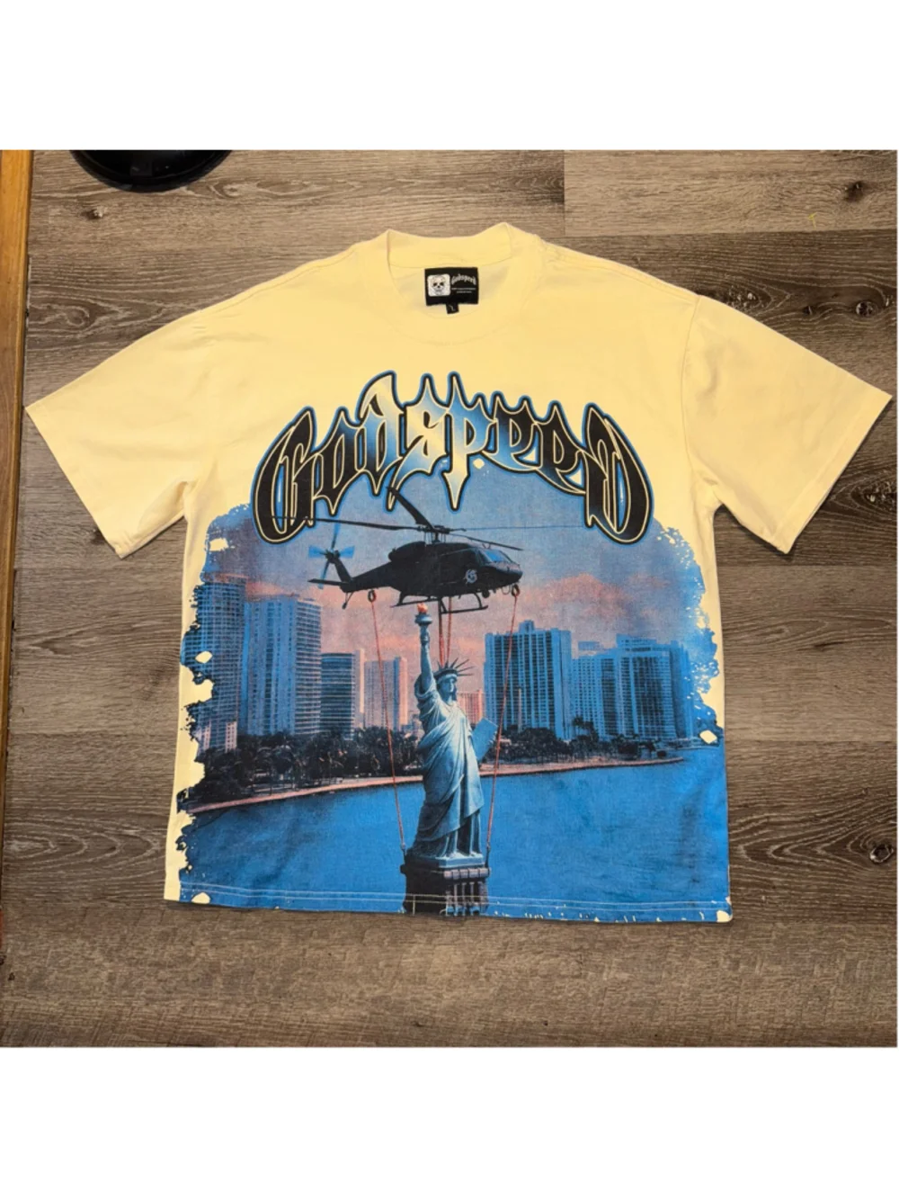 Godspeed Graphic Tee Size L Yellow Blue Statue of Liberty Print